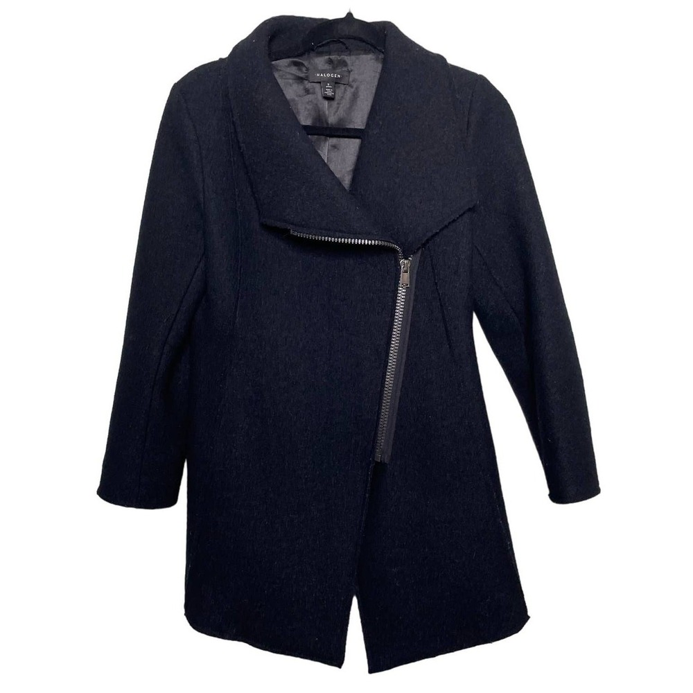 Halogen Wool Coat Jacket Mid Length Asymmetrical Zip Black Petite‎ Warm Winter S